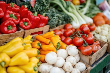 Fresh vegetables displayed at a local market highlighting vibrant colors and organic produce. Generative AI
