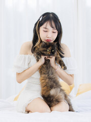 Obraz premium Asian happy young female sitting on white bed owner smiling holding playing fluffy tortoiseshell cute little kitten breed pussycat pet friend in bedroom at home, Concept love animal comfort rest care.