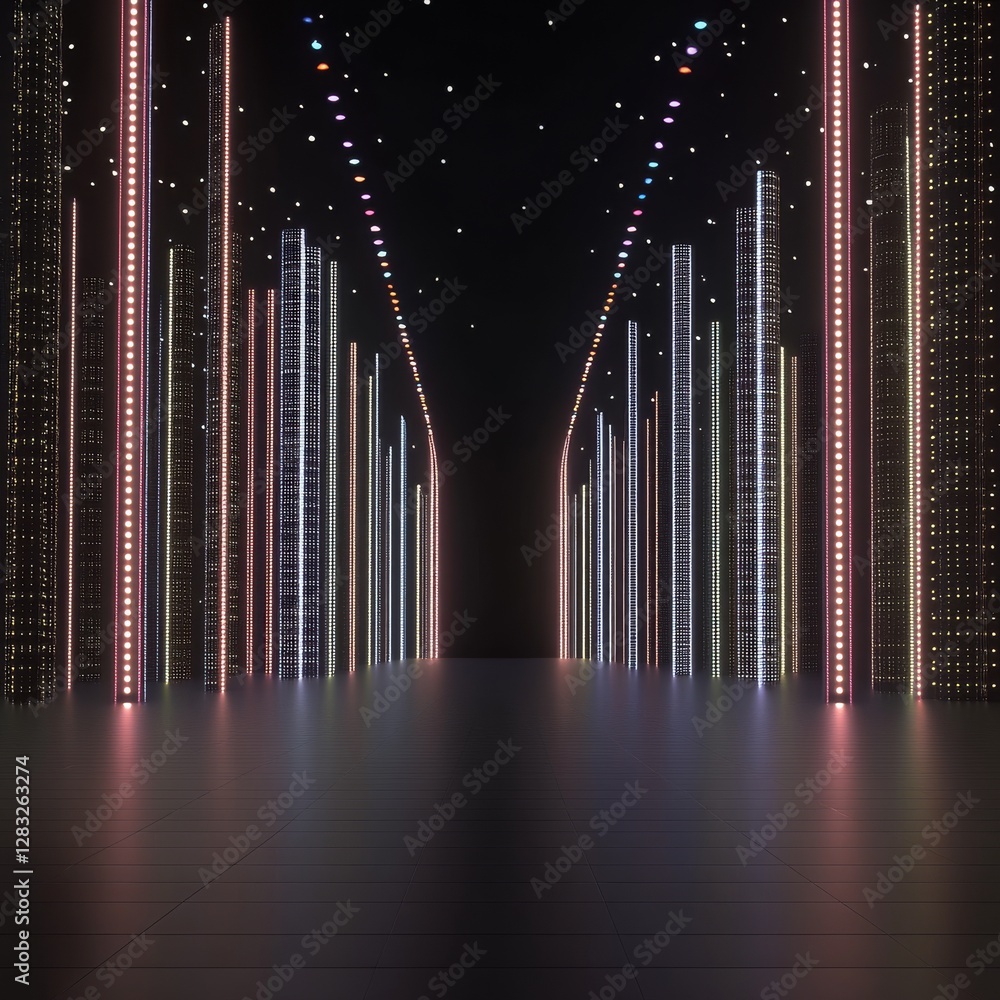Poster a futuristic corridor illuminated by colorful vertical lights, creating a mesmerizing and immersive 