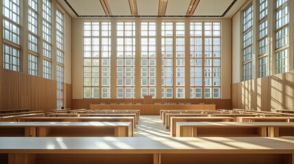 A legislative hall with wooden desks and large windows. Featuring transparency and openness