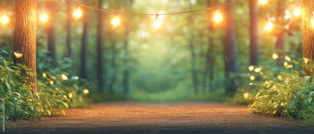 Poster a serene forest pathway illuminated by string lights, creating a magical atmosphere amidst lush gree