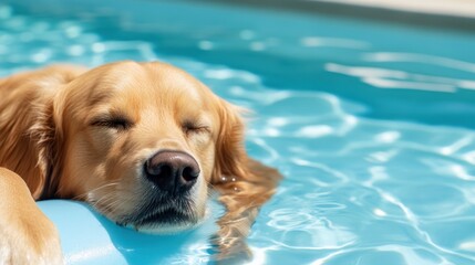 Golden Retriever relaxes, eyes closed, floating in a blue pool on a sunny day, enjoying the refreshing water.