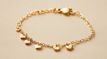 Obraz premium Gold charm bracelet with tiny heart and star pendants, displayed on a soft beige background. No text, no people.