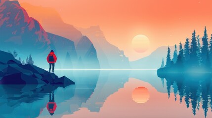 Fototapeta premium Tranquil Sunset Vista: A lone hiker contemplates the serene beauty of a mountain lake at sunset, reflecting on the tranquil landscape.