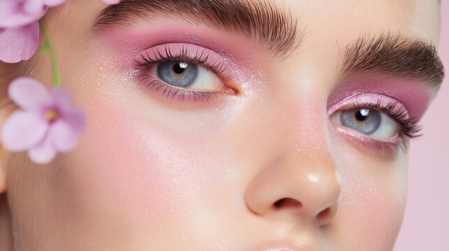 Close-up portrait of a young woman's face. she has blue eyes and her eyebrows are neatly groomed. her skin is fair and her face is painted with a pink and purple makeup look.