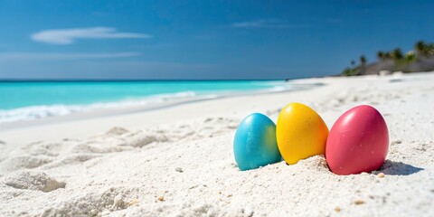 Vibrant Easter Eggs Beach Summer Holiday Photo: Sunny Coastal Scene