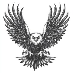 Obraz premium Soaring Majesty: Detailed pen-and-ink illustration of a majestic eagle with widespread wings and an intense gaze, showcasing power and freedom.