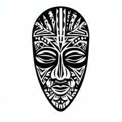 Naklejka premium Tribal Mask Illustration: A striking black and white illustration of a tribal mask, showcasing intricate geometric patterns and cultural artistry, perfect for design projects.