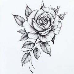 Floral Elegance: A delicate pen and ink illustration showcases the intricate beauty of a rose, its petals and leaves meticulously rendered to highlight texture and form.