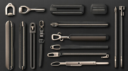 Fototapeta premium Metal zip fasteners, silver zippers with differently shaped puller and open or closed black fabric tape, clothing hardware isolated on transparent background, Realistic 3d vector illustration, set