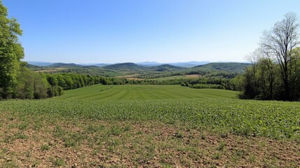 Panoramic Countryside View of Rolling Hills and Farmlands