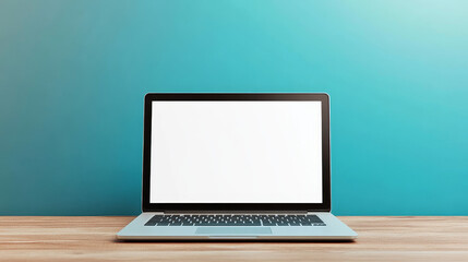 Fototapeta premium Laptop computer with keyboard and white screen on wooden table front view. Vector realistic mockup of modern notebook, portable desktop pc with blank monitor display on blue background