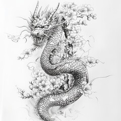 Obraz premium Dragon and Floral Art: An exquisite and detailed illustration of a majestic dragon intertwined with delicate floral blossoms, showcasing a stunning fusion of mythical and natural elements.