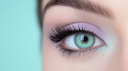 Close-up of a person's eye. the eye is a bright green color and is surrounded by long, full eyelashes. the eyeliner is a light purple shade and is applied in a way that creates a dramatic look.