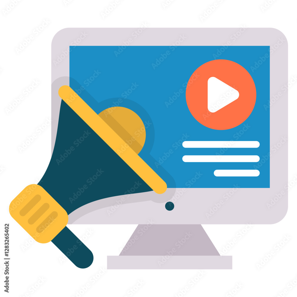 Poster animated computer monitor displaying online video advertisement with megaphone promoting digital mar
