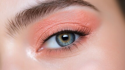 Obraz premium Close-up of a person's eye. the eye is blue and the iris is visible. the person has long, dark eyelashes and their eyebrows are neatly groomed.