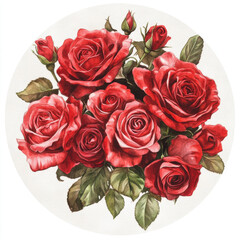Obraz premium Beautiful bouquet of red roses with green leaves, symbolizing love and passion
