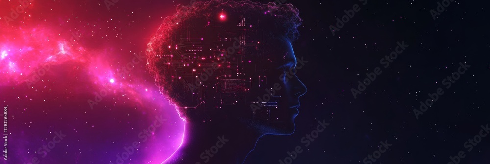 Poster Silhouette of human head displaying glowing quantum circuits and elements representing quantum computing. Generative AI