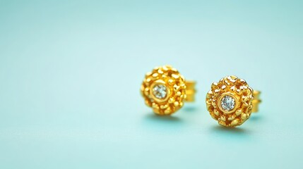 Gold stud earrings with a minimalist design, resting on a soft powder blue background. No text, no people.