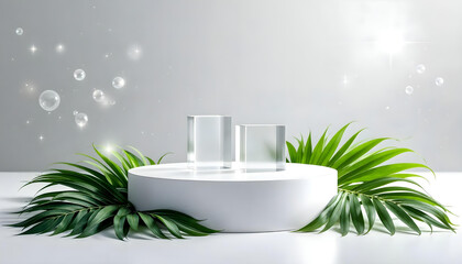 white podium leaf background beauty cosmetics sale