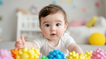 Baby girl playing with colorful toys on the floor