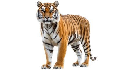 Striking tiger stands confidently in bright light