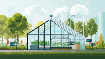 Obraz premium Farms of future poster. Concept of smart farming, cultivation technologies and innovations. Vector banner with cartoon illustration of glass greenhouse with plants, irrigation and monitoring system