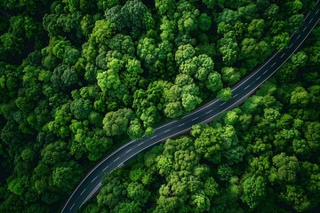 Aerial View of Winding Road Through Lush Green Forest Canopy