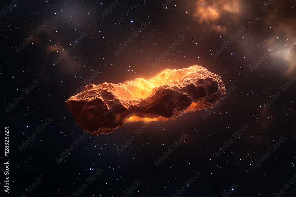 Poster fiery celestial wanderer: an awe-inspiring visual of a large, illuminated asteroid hurtling through 