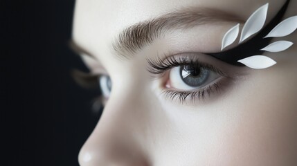 Close-up of a woman's eye. the eye is blue and the eyelashes are long and full. the eyebrow is perfectly groomed and well-defined.