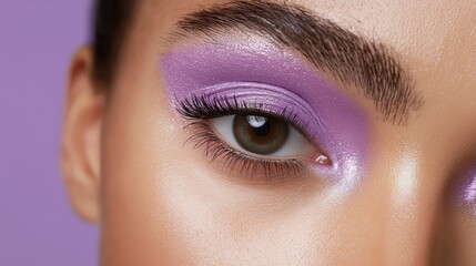 Close-up of a woman's eye with a dramatic makeup look. the eye is framed by an eyebrow and the skin around it is a light peach color.