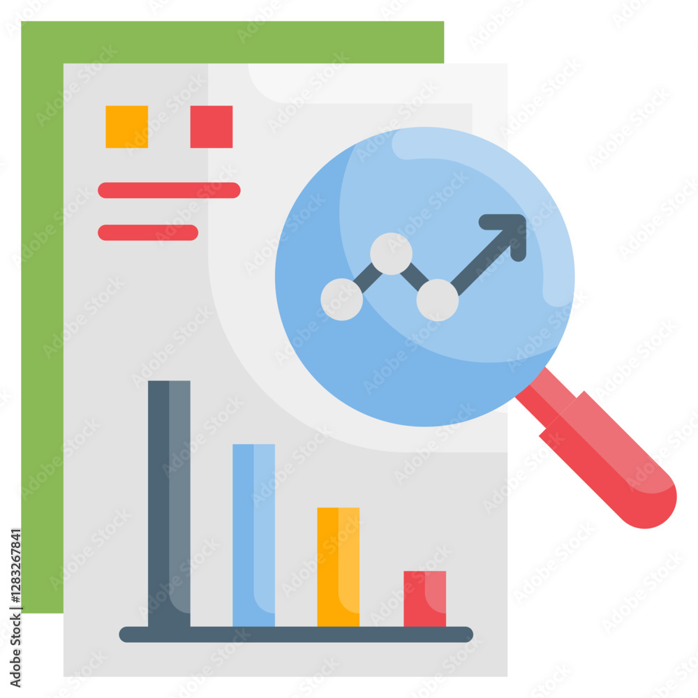Poster analyzing financial data chart with magnifying glass vector icon business analytics growth illustrat