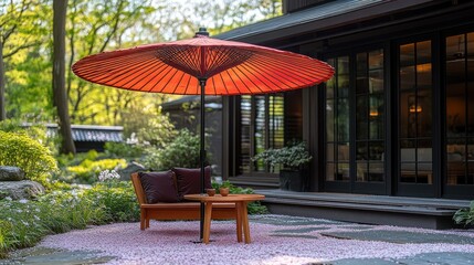 Obraz premium Japanese Garden Patio with Red Umbrella