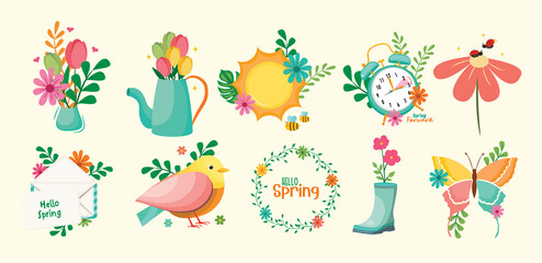 Colorful nature spring vector set with flowers, bird, and butterfly