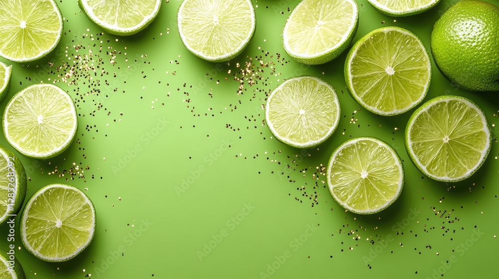 Poster lime green background with scattered golden sparkles, adding a festive and elegant touch. no text, n