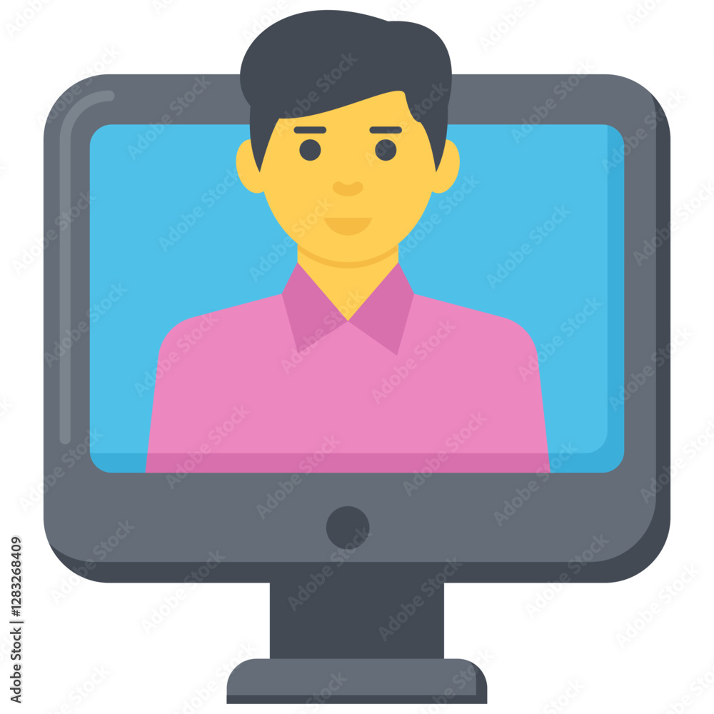 Poster smiling man communicating via online video call on computer screen digital avatar illustration.