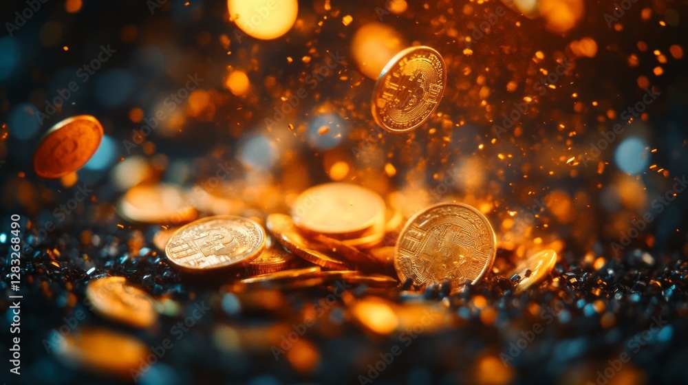 Poster colorful coins explode in a dazzling burst, scattering sparks and reflections in a lively atmosphere