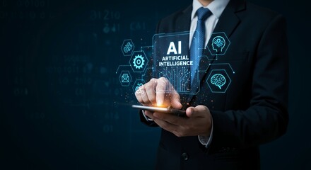 Fototapeta premium Man in a suit holding smartphone with AI interface and technology icons.