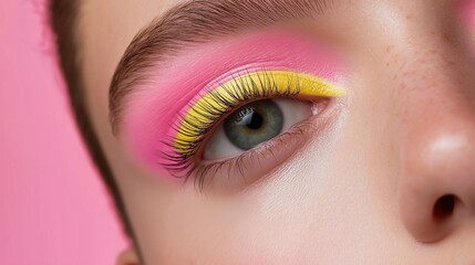Obraz premium Close-up of a person's eye. the eye is blue and the eyelashes are long and full. the eyeliner is a bright yellow color and is applied in a way that creates a dramatic look.