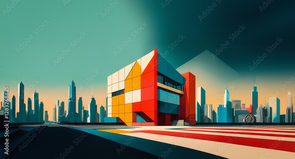 Fototapete Vibrant geometric building stands out in a stylized cityscape. Bold colors and sharp lines create a modern, abstract architectural scene under a bright sky.
