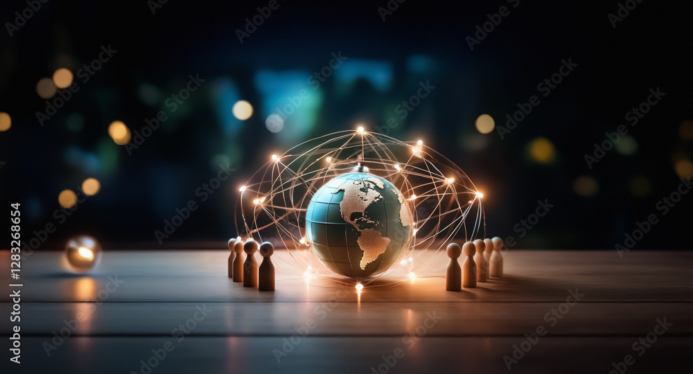 Poster a luminous globe encircled by figures and glowing connections, representing global networking, commu