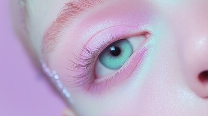 Close-up of a person's eye. the eye is blue and the pupil is a light green color. the eyelashes are long and full, and the eyelid is slightly curled.