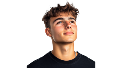 Young man with casual hairstyle looking up