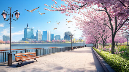 Naklejka premium Spring day on city promenade. Vector cartoon illustration of urban park alley with bench, lanterns and pink cherry blossom trees, modern buildings on opposite river bank, birds flying in blue sky