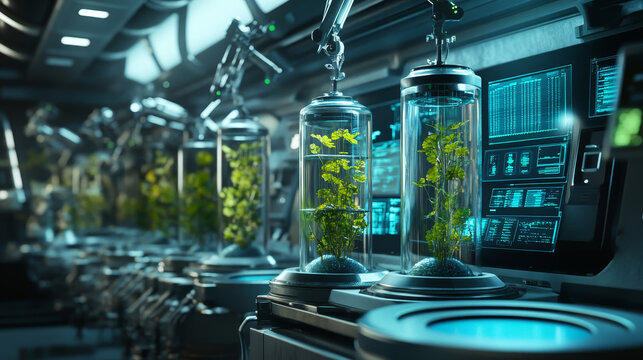 Spaceship laboratory with equipment. Vector cartoon illustration of futuristic science lab interior, plants in glass capsules filled with green gas, robotic arms, experiment data on computer display