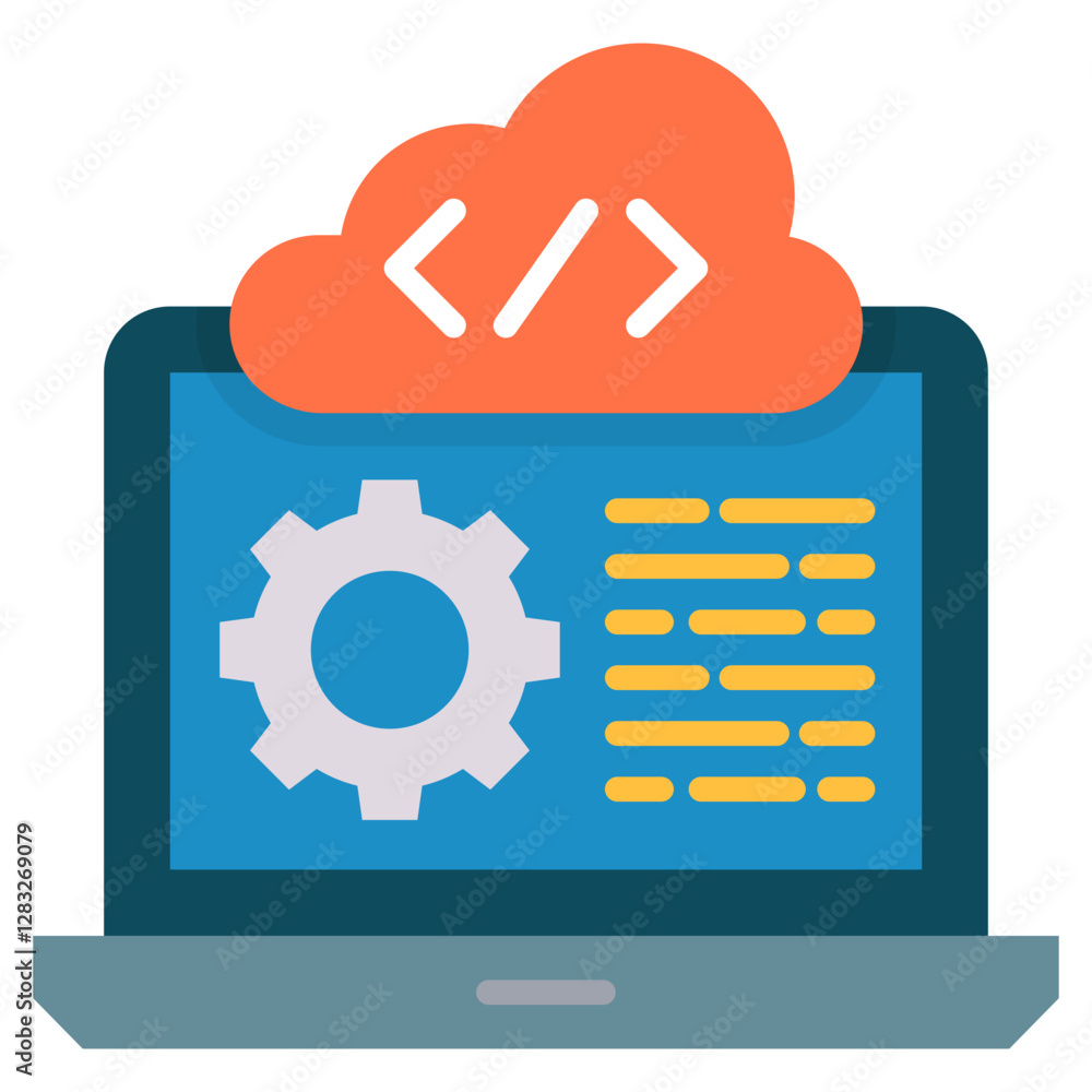 Aufkleber laptop displaying programming cloud with settings gear technology illustration.
