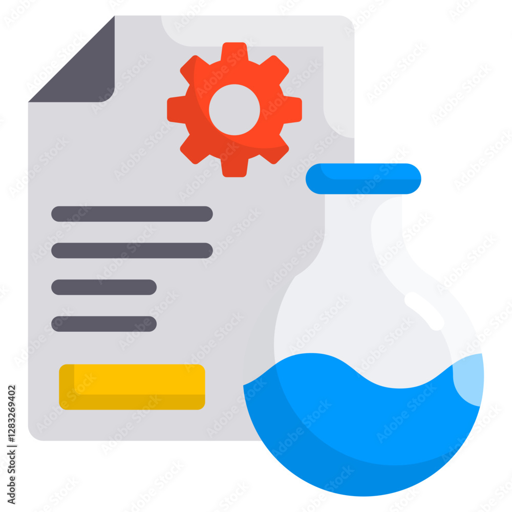 Poster document settings gear with abstract lab equipment science icon vector graphic.