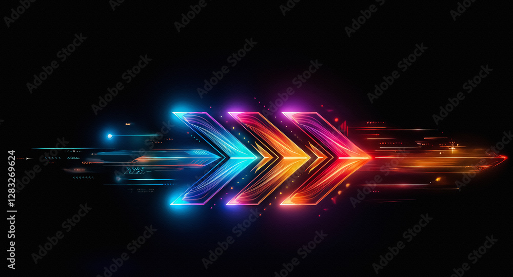 Poster vibrant glowing arrows streak rightward across the dark backdrop, showcasing a spectrum of colors fr