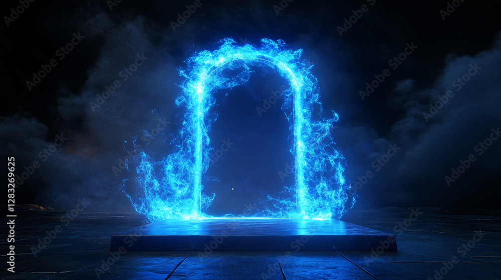 Poster blue glowing neon game portal - realistic vector illustration of futuristic teleport podium for game