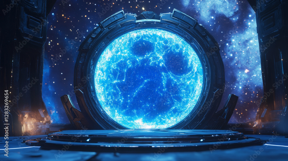 Poster blue glowing neon game portal - realistic vector illustration of futuristic teleport podium for game